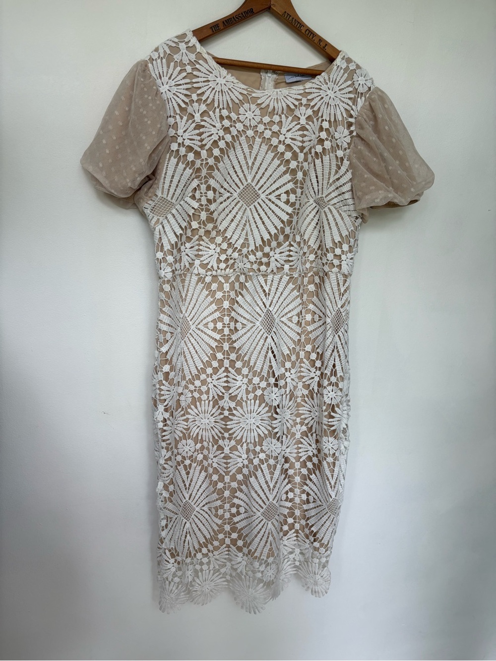 One Loved Babe Beige Midi Dress with White Lace Overlay and Puff Sleeves